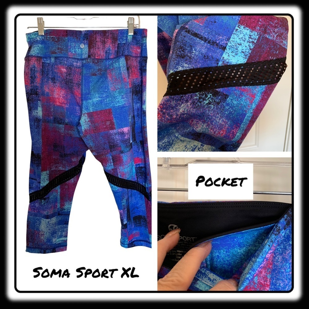 Soma “Soma Sport” black/blue/pink capri leggings. Hi Waistband. Size XL